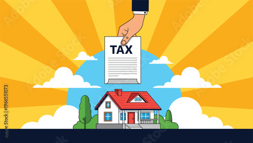 Hand placing a property tax bill over a small residential house against a yellow sunburst background for fiscal themes.