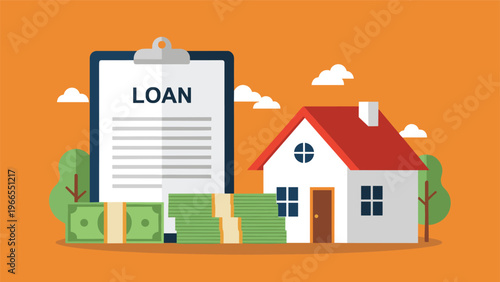 House next to a loan application clipboard and stacks of dollar bills to represent mortgage financing and real estate investments.