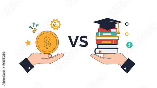 Hand holding a coin versus a hand holding books with a graduation cap to represent the high cost of education and student investments.