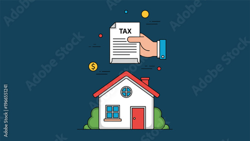 Human hand holding a tax document over a suburban house to represent property taxes, financial obligations, and home ownership costs.