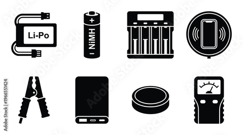 Electronic power supply and battery icons set featuring charger jumping cables and voltage tester kit