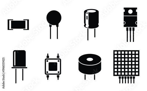 Electronic components icon set vector illustration chip diode resistor capacitor transistor circuit