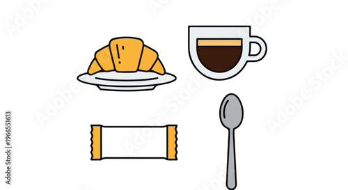 Flat lay of a croissant on a plate with a cup of coffee, a spoon, and a wrapped snack on a plain white background.