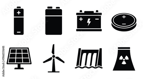 Energy source and storage battery icons set including solar panel wind turbine and nuclear plant unit