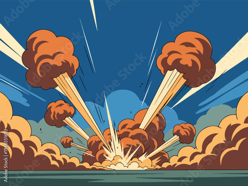 Stylized comic book depiction of a large fiery ground explosion scattering smoke clouds upward
