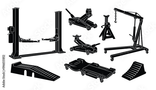 Garage and workshop equipment lifting and support tools vector icons for auto repair and maintenance on transparent background