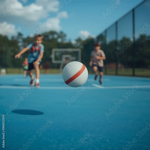 A white ball with a red stripe bouncing on a bright blue multipurpose sports court with kids running.