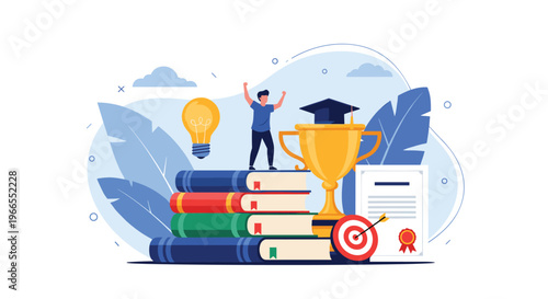 Victorious person standing on books next to a large trophy and diploma representing academic and career success.