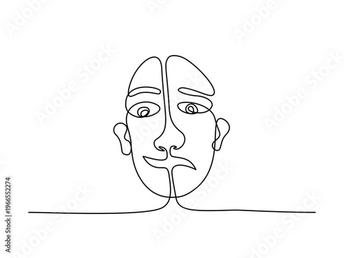 Minimal line art of a face with a Split face emotion contrast representing emotional suppression and inner conflict, editable stroke.