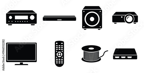 Home theater system electronics icons including amplifier, soundbar, speaker, projector, TV, remote