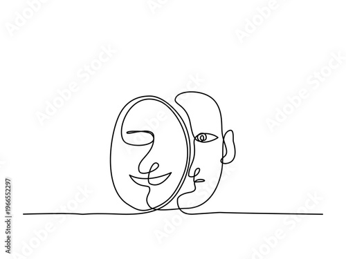 Minimal line art of smiling mask covering neutral face representing emotional suppression and inner conflict, editable stroke.