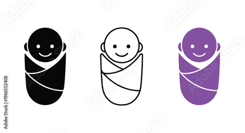 Three stylized icons representing a newborn baby wrapped in a swaddle blanket, in black, white, and purple colors