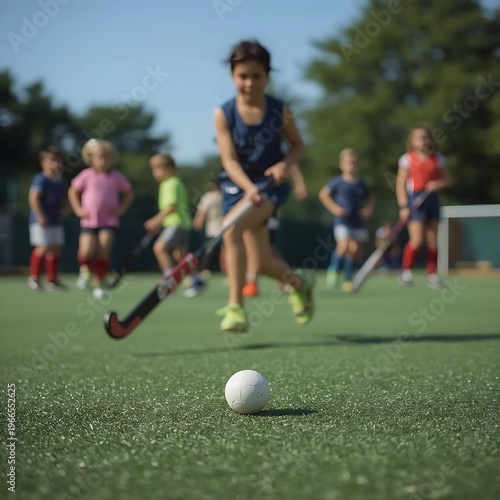 a young girl in a blue jersey playing field hockey on a green turf with teammates in the background.