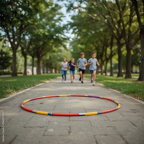 A colorful gymnastics hoop rolling along a paved park path, with children running alongside in the blurred background, highlighting youthful recreation..