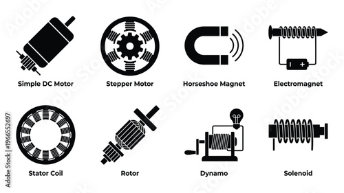 Magnet and motor vector icon set on transparent background illustration, science collection