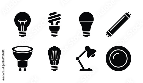 Light bulbs and lamps black silhouette icons set vector illustration different types