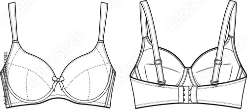 bra, lingerie design, technical drawing, undergarment illustration, fashion CAD, women underwear, vector template, apparel sketch, front back view, sewing pattern