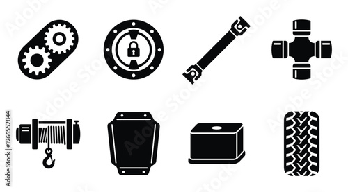 Off-road vehicle parts black silhouette icons vector illustration transfer case skid plate