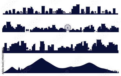 シンプルな街並みと山のシルエットイラストのセット　背景イラスト