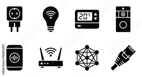 Modern technology icons for smart home devices and network connections on transparent background.