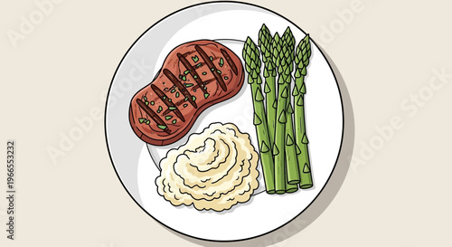 Grilled Steak Mashed Potatoes Asparagus Dish.