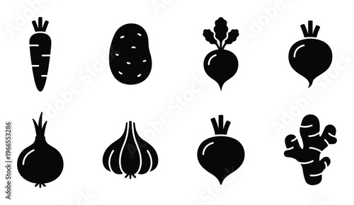 Root vegetables black silhouette icons set including carrot potato beet onion garlic and ginger root