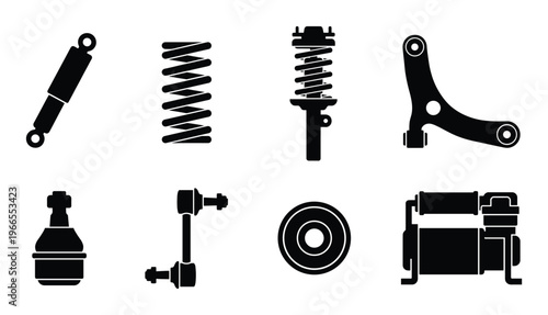 Set of automotive suspension parts including shock absorber, spring, and control arm vector