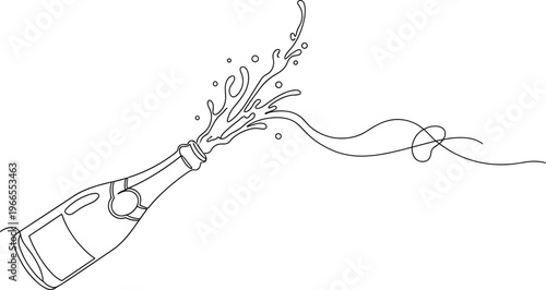 Champagne bottle popping splash illustration, celebration drink line art, festive party beverage design, sparkling wine concept, cad drawing flat vector illustration