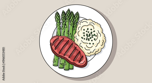 Grilled Steak Asparagus and Cauliflower on Plate.