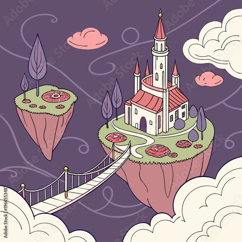 A whimsical castle on a floating island with a bridge