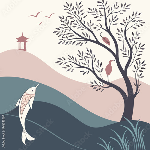 A fish jumping out of water near a tree and a pagoda