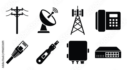 Set of black silhouettes of telecommunications and network devices on transparent background