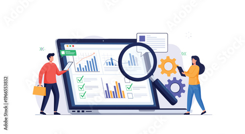 Professional business team analyzing financial growth data and statistical reports on a laptop screen for corporate strategic planning.