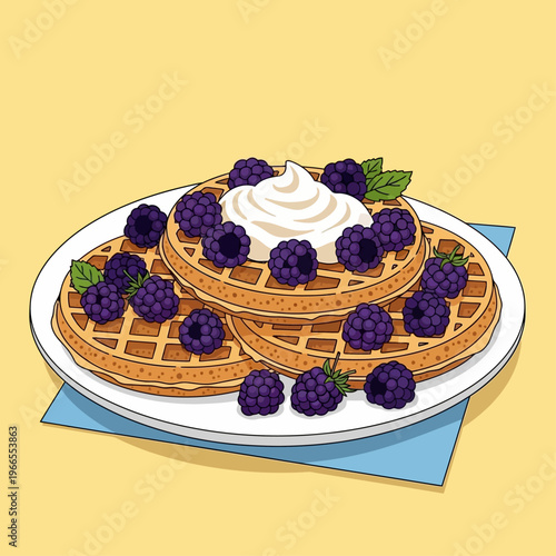Stack of Waffles with Berries and Cream.