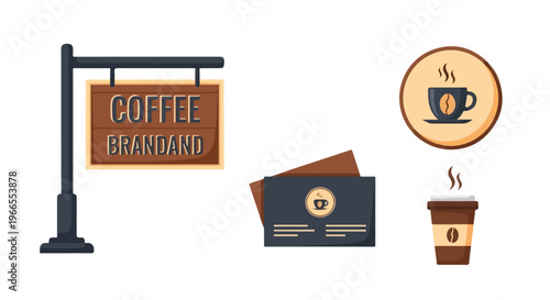 Flat lay of coffee brand elements including a sign, cards, and a cup on a clean white background with a warm color scheme.