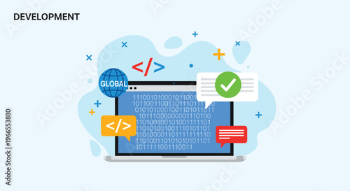 Software development and coding process illustration featuring a laptop with binary code, programming tags, and global web icons.