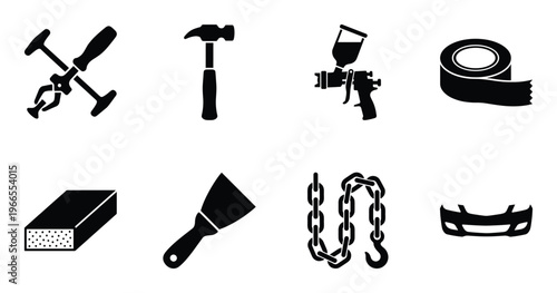 Set of car body repair tools and auto service equipment black glyph icons