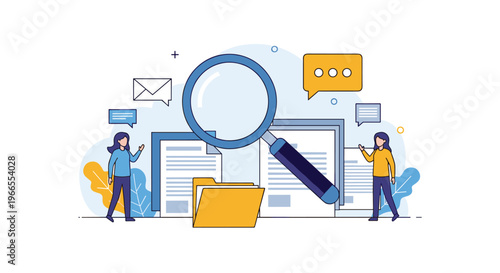 Professional team conducting document search and information investigation using a large magnifying glass over digital folders and text files.