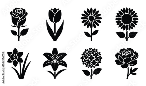 Set of eight black silhouette flower icons, rose, tulip, daisy, sunflower, daffodil, lily, hydrangea, peony