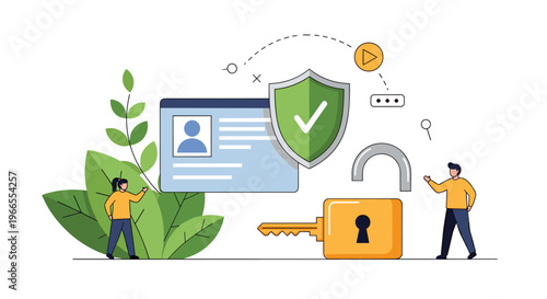 Personal identity protection and cybersecurity illustration with a digital ID card, green shield, padlock, and key for data safety.