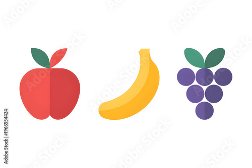 Abstract Fruit Icon Set with Apple Banana and Grapes, Modern Flat Vector Style, Transparent Background