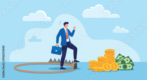 Financial risk management concept with a businessman walking cautiously near a large bear trap while looking at stacks of money and coins.