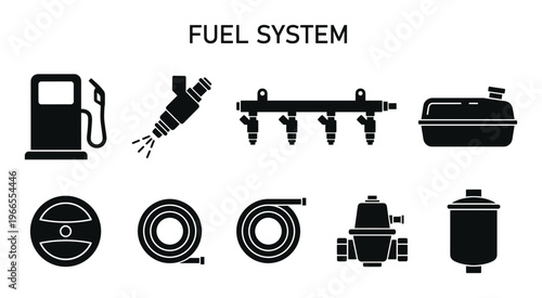 Set of fuel system components and gasoline station black glyph icons