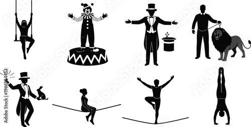 circus performers silhouette set, clown magician acrobat trainer, entertainment show icons, carnival characters vector, performance art illustration, festival act design
