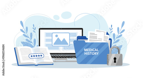Digital healthcare data and medical history privacy concept with a laptop screen, locked blue folder, and password protected health records.
