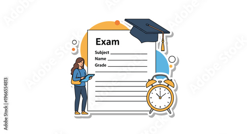 Academic exam preparation and student education concept with a test form, graduation cap, alarm clock, and digital learning materials.