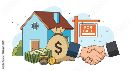 Real estate deal and property transaction success showing a handshake in front of a blue house for sale with a burlap money bag and coins.