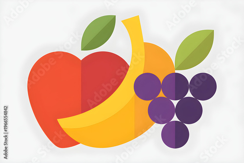 Abstract Fruit Icon Set with Apple Banana and Grapes, Modern Flat Vector Style, Transparent Background