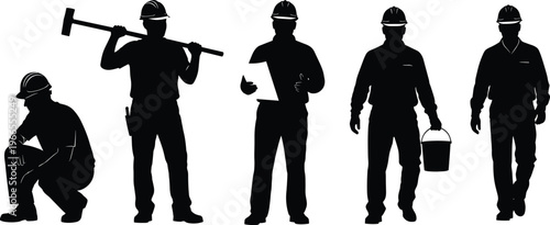 Construction worker silhouettes set, builders with tools and helmets, industrial labor poses collection, black human figures, cad drawing flat vector illustration