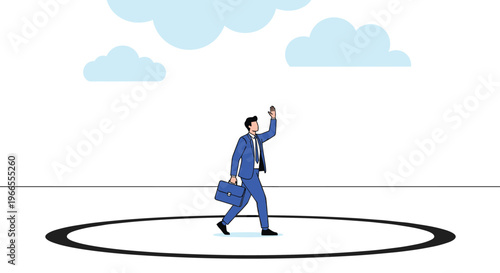 Comfort zone and business isolation concept showing a businessman in a suit walking within a restricted black circle boundary on a white floor.